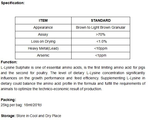 L-Lysine 70 % de sulfate acide aminé d'usine d'additifs alimentaires avec une haute qualité