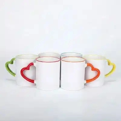 Sublimation Blank Heat Transfer Printing Colorful Inner Mug with Colorful Heart-Shaped Handle