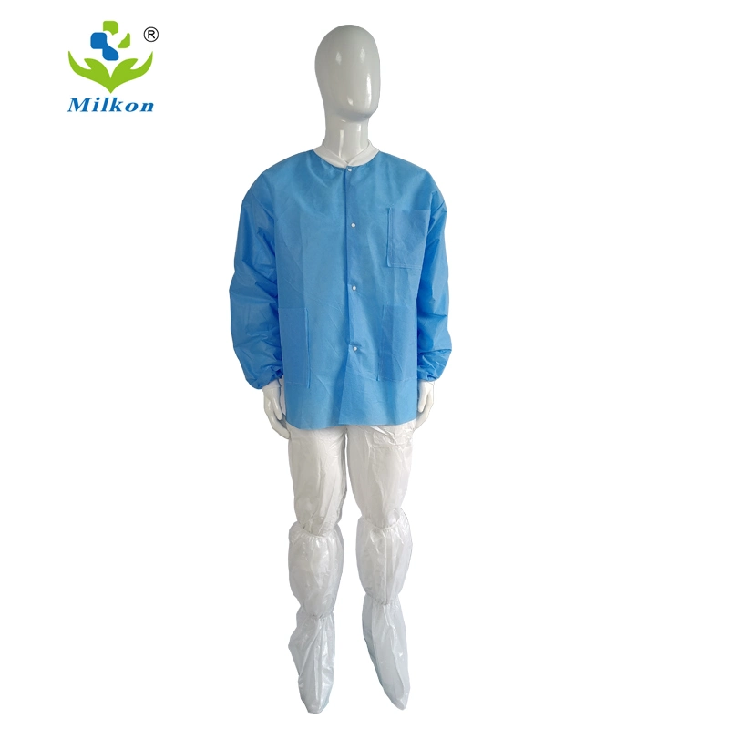 Snap Closure Lab Use Work Clothes Dust Suit Disposable White Coat with Knitted Collar Cuffs