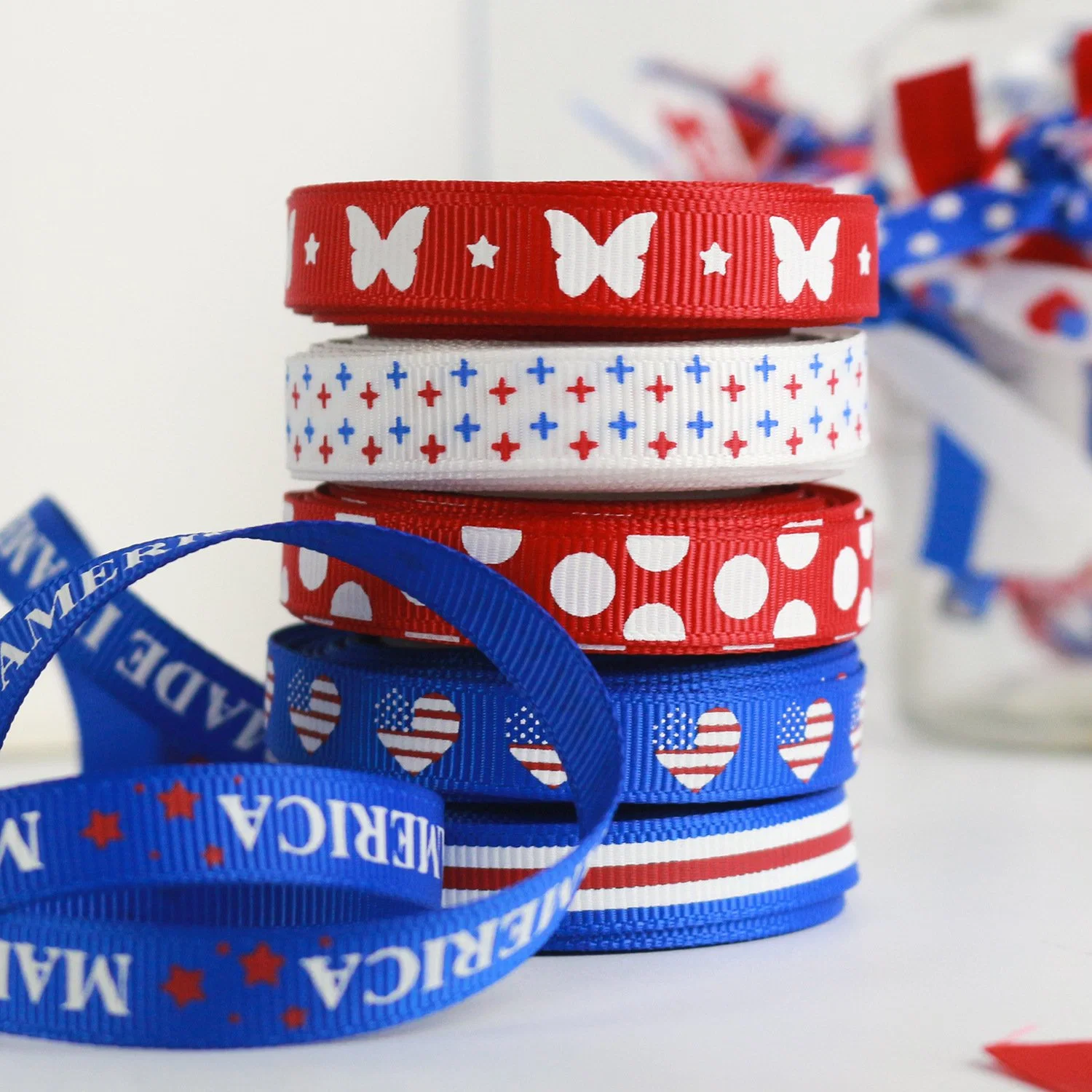 Mudie Ribbon, Independence Day Ribbon, Star Stripe Thread Set Printing Wholesale Heat Transfer Grossgrain Tape