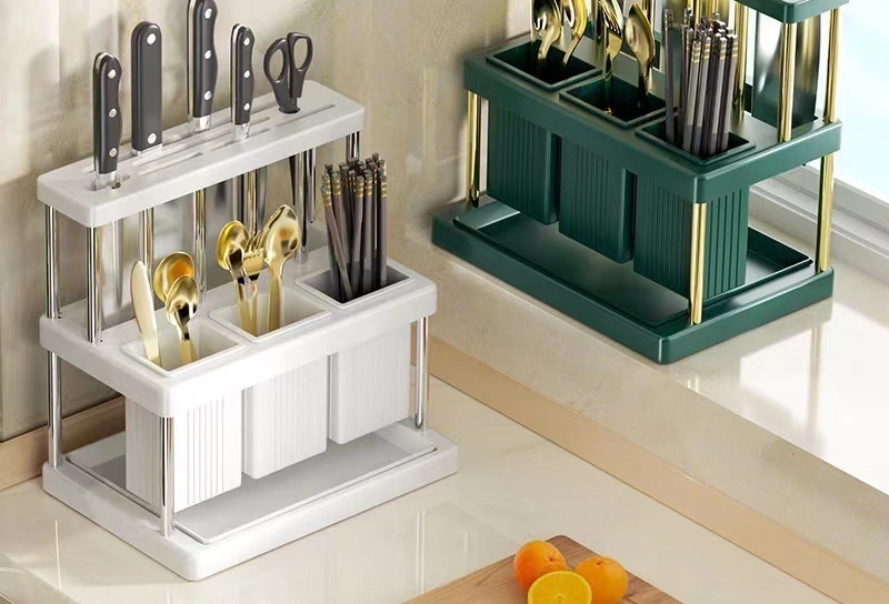 Kitchen Accessories Multi Functional Knife Tableware Storage Rack with Drain Tray Desktop Storage Rack