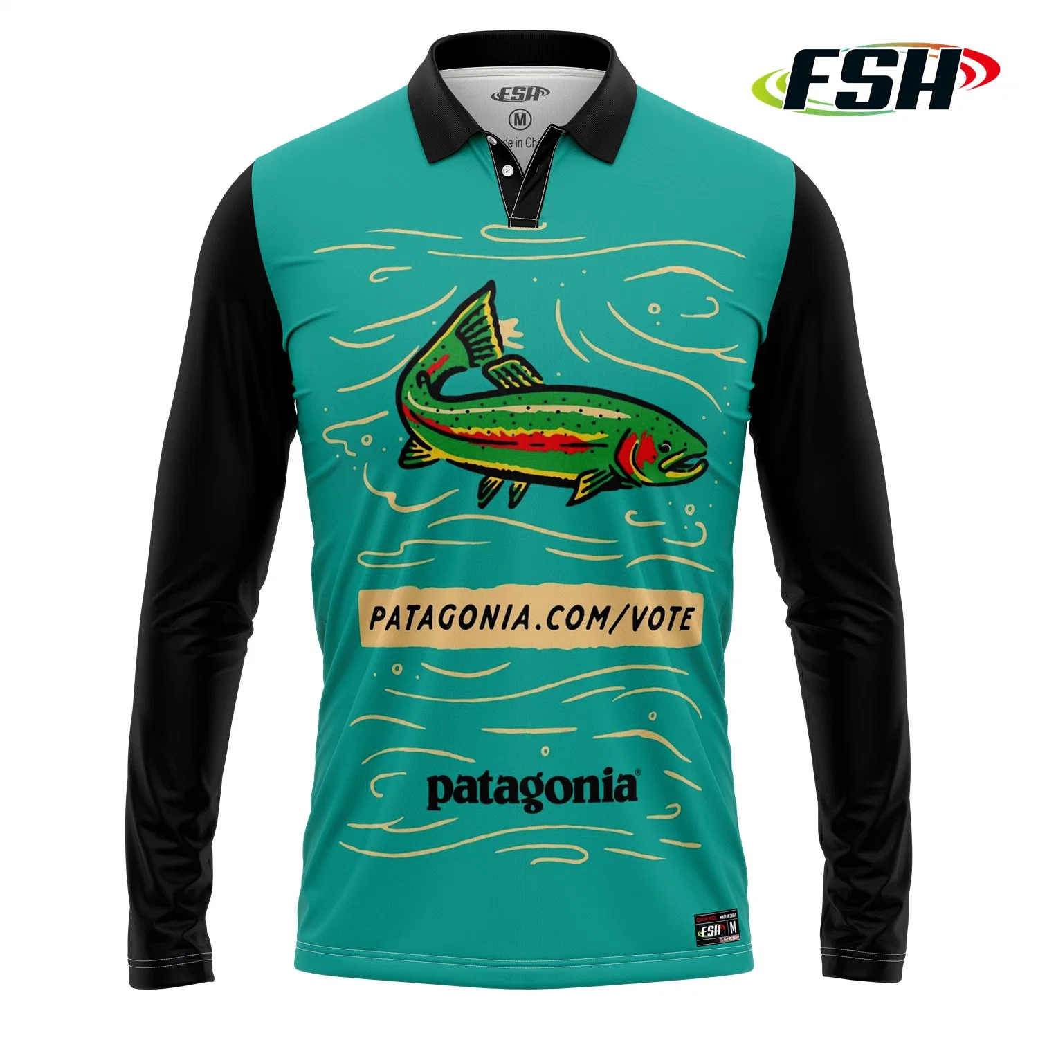 Black Polyester Polo Style Fashion Sublimation Print Fishing Shirt Men Outdoor Wear