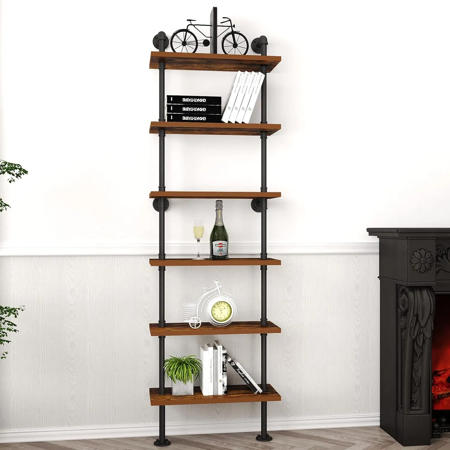 Industrial Pipe Shelf Rustic Wood Wall Shelf Ladder Bookshelf Wall Mounted Storage Decor Shelf for Home, Office