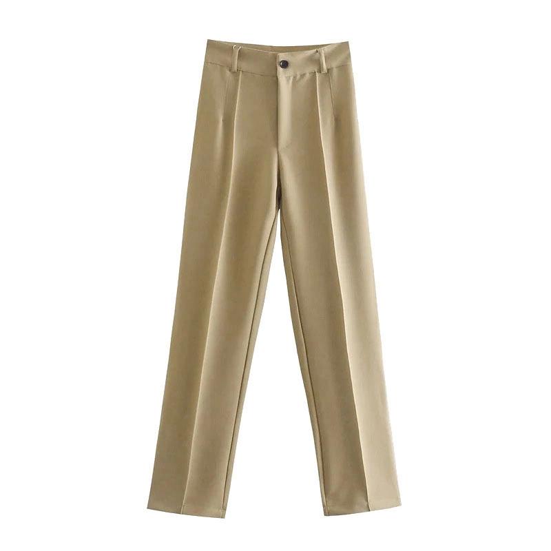 Women Chic Fashion Office Wear Straight Pants Vintage High Waist Zipper Fly Female Formal Trousers