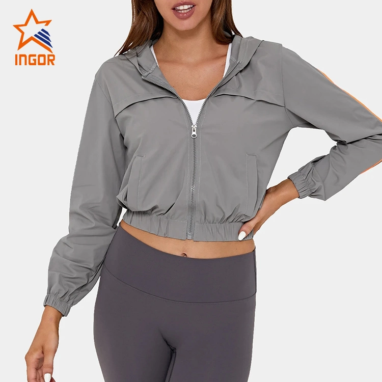 Ingor Sportswear Activewear Manufacturer Custom Women Zipper Hooded Contrast Trim Elastic Cropped Sports Jacket