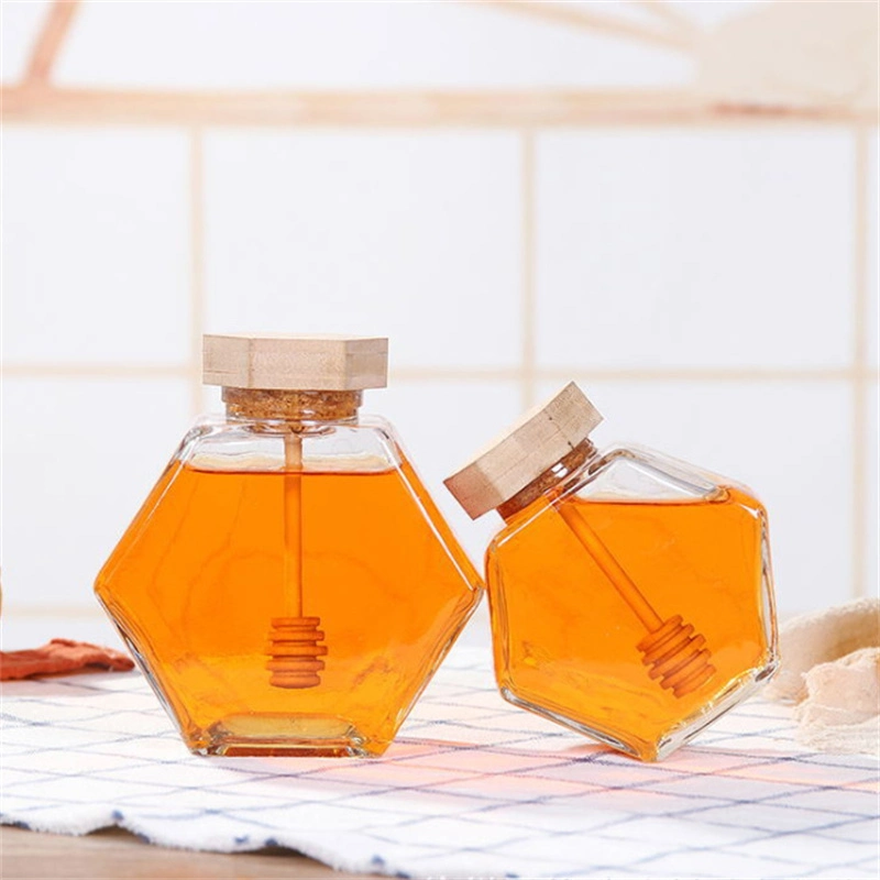 Flat Shape Glass Honey Bottle with Wooden Dorpper and Lid