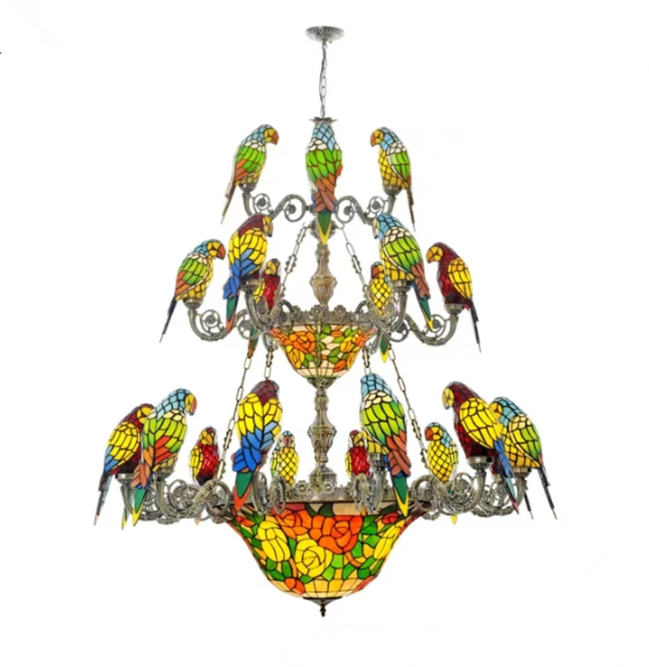 Dreistufige Glaslampe Tiffany Deckenleuchte Kronleuchter Papagei Design