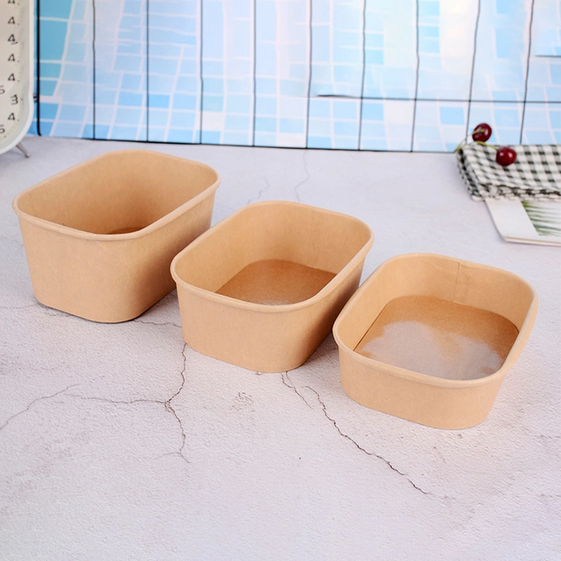 Kraft Single Paper Bowl Takeout Boxes Disposable for Salad Bamboo Pulp Rectangular Paper Food Bowl Container Supplier with Lid