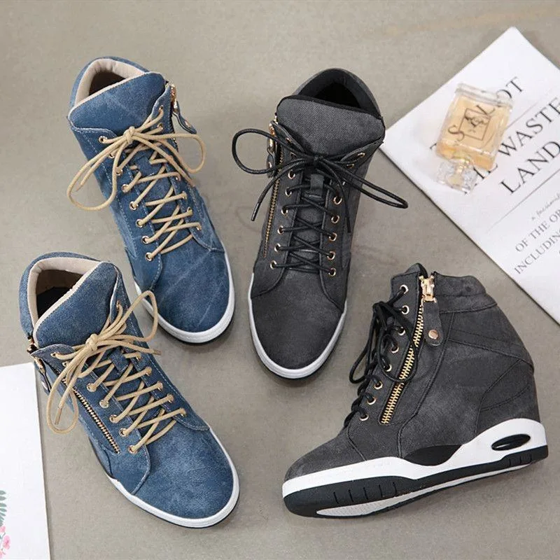 New Platform Casual Denim Female Shoes Side Zipper High Wedge Heel High-Top Ladies Platform Sneakers Lace-up Inner Increasing Jeans Shoes for Women