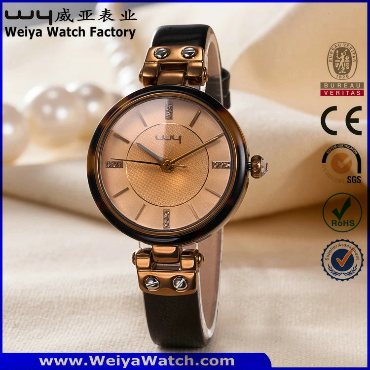 Fashion Vogue Leather Strap Quartz Ladies Wrist Watch (Wy-100D)