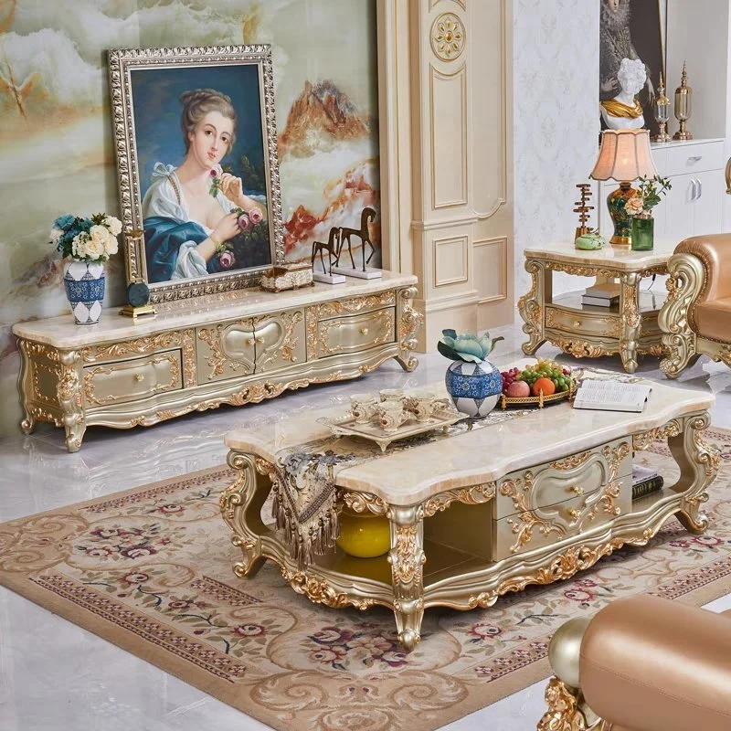 غرفة معيشة خشبية صلبة ملكية وأثاث من نوع جولد دهان مجموعة أرائك الطاولة الجانبية
