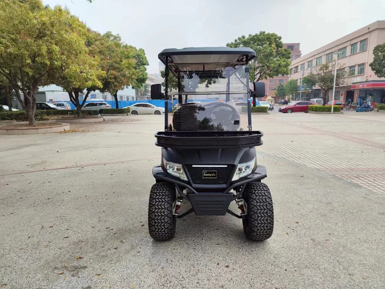 Cuatro golfista son práctico y vehículo eléctrico alto