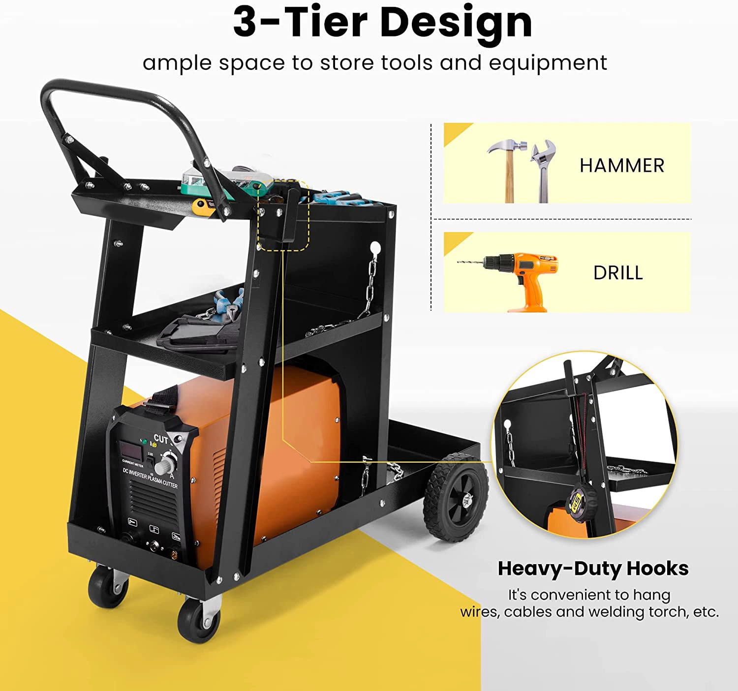 عربة لحام مزودة بعجلات مطورة من نوع Iron 3 Tiers Rolling Cart مع عجلات مطورة و تخزين الخزان لمولع TIG MIG وزبدة البلازما باللون الأسود