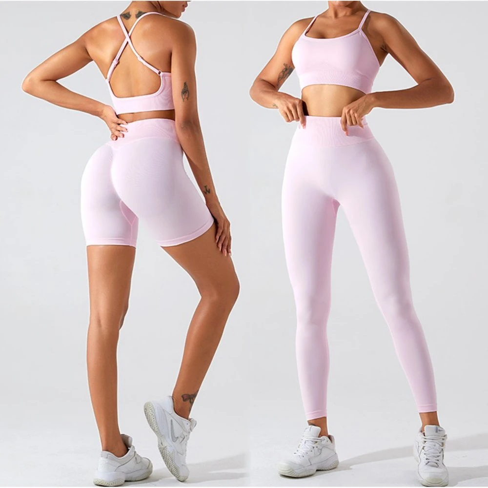 Nuevo Sexy Plus Size Cross Back ropa deportiva sin costuras para mujer, 3pcs Sujetador deportivo + pantalones cortos biker + Leggings de running Personalizar ropa de yoga coincidente