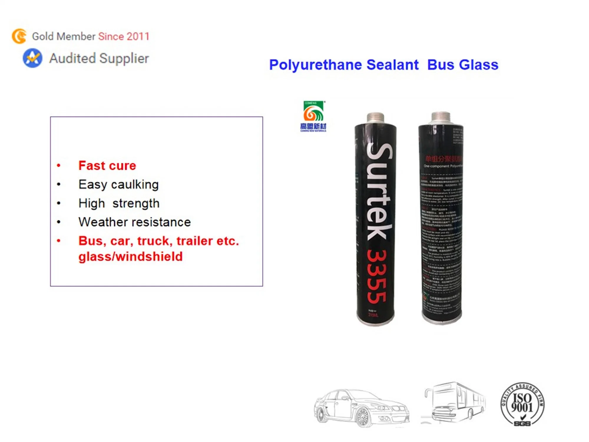 PU Sealant Glass Bonding Adhesive Glue for Windscreen Replacement (Surtek 3355)