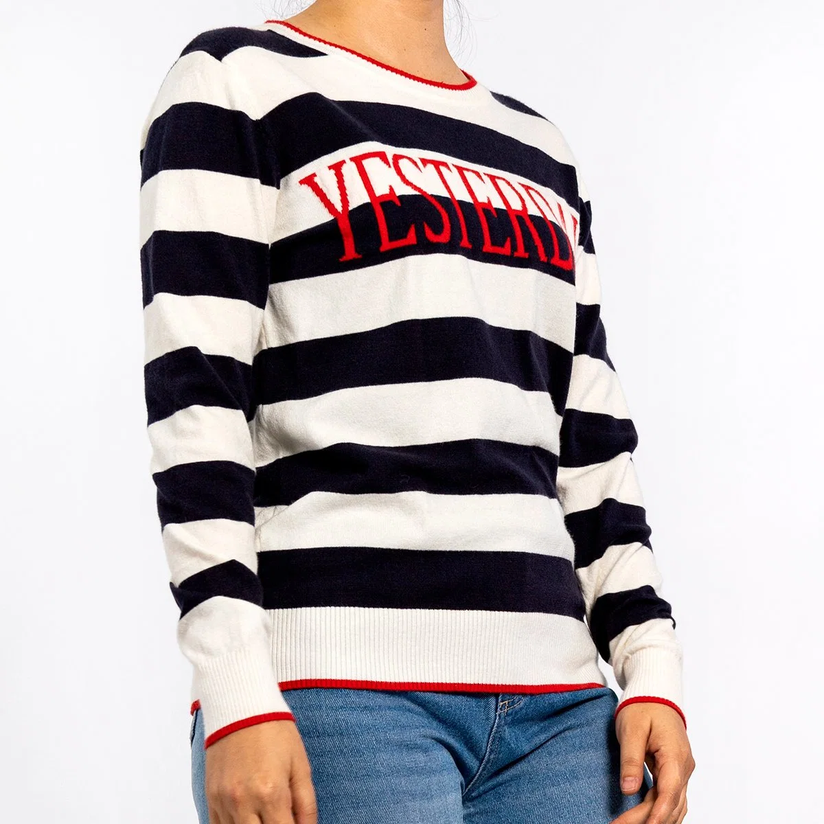 Women's Round Neck Embroidered Letters Logo Long Sleeve Pullover Knit Top Striped Sweater