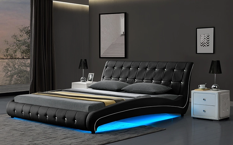 Italia Buttoned Willsoon 1144-1 estilo diseño sintético de PU de lujo doble marco de la cama con un elegante curva&amp;Luz LED