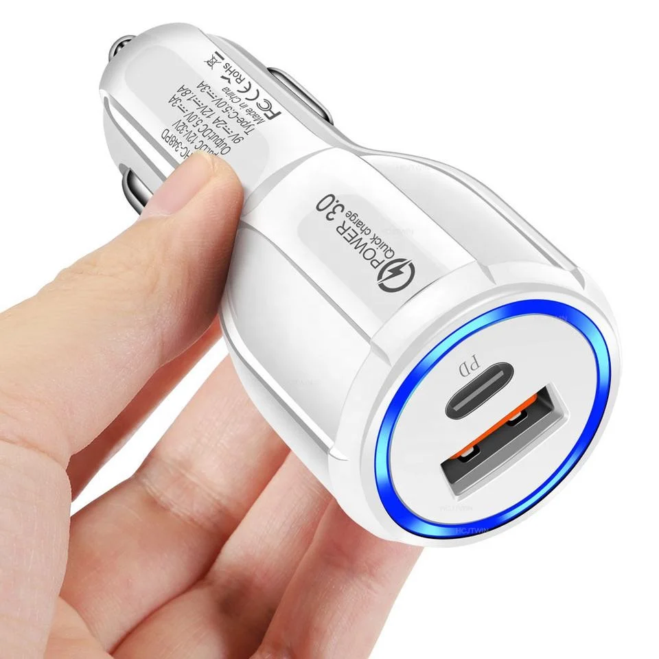 USB QC3.0 Car Adapter Pd18W USB C Car Phone Charger Dual Ports Pd Car Charger for IP 13/13 Mini/12 PRO Max/11/Xs