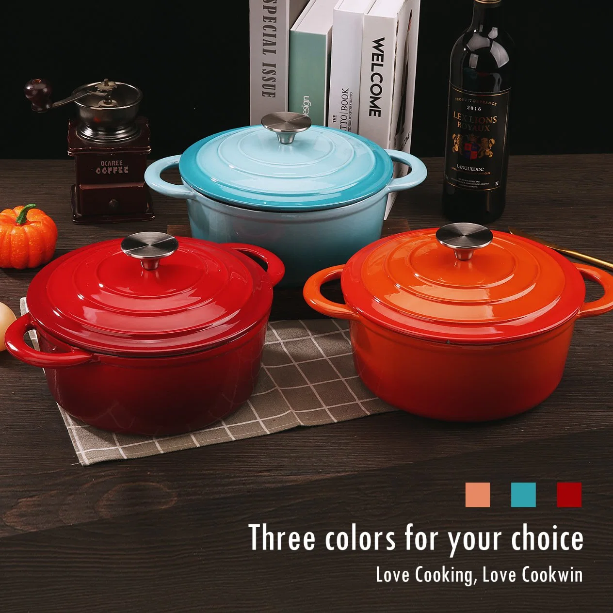 4.1Qt 2022 nouvelle conception Bleu Orange Vert Rouge casserole en fonte Ustensiles de cuisine française Cuisine Four Pot Pots soupe