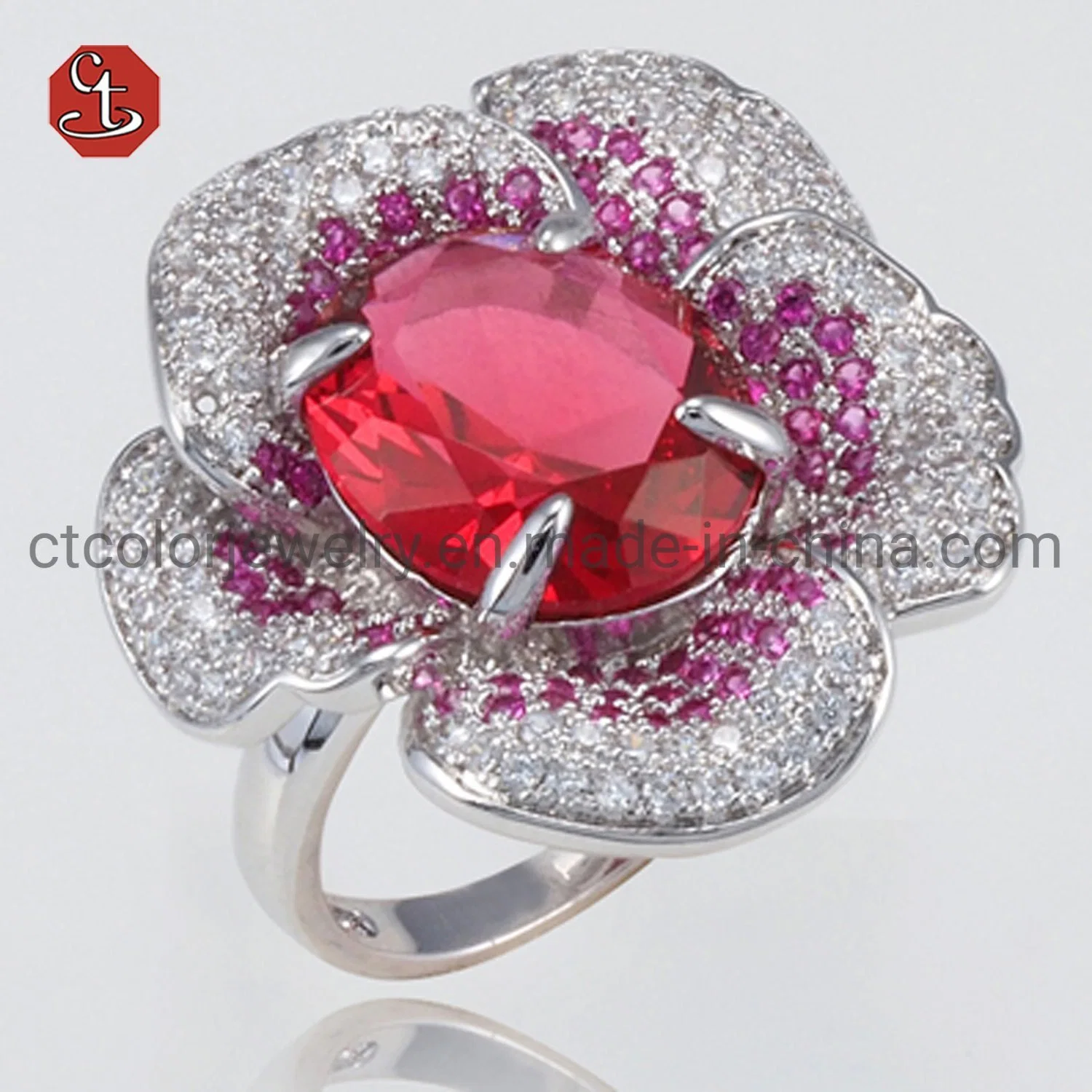 Luxury Gemstone Jewellery Rose Gold Flower Silver Amethyst/Ruby Ring