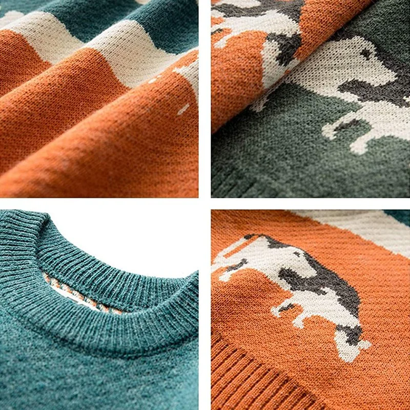 Men Cows Vintage Winter Warm Daily Knitwear Pullover O-Neck Sweater