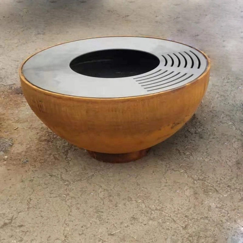 Corten Steel Fire Bowl Barbecue with Grill Ring/Cooking Ledge in Stainless Steel