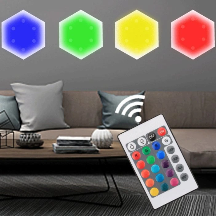 Wholesale/Supplier Battery Powered Night Motif Lamp Hexagonal RGB Colorful LED Decorative 16 Color Remote Control Night Light