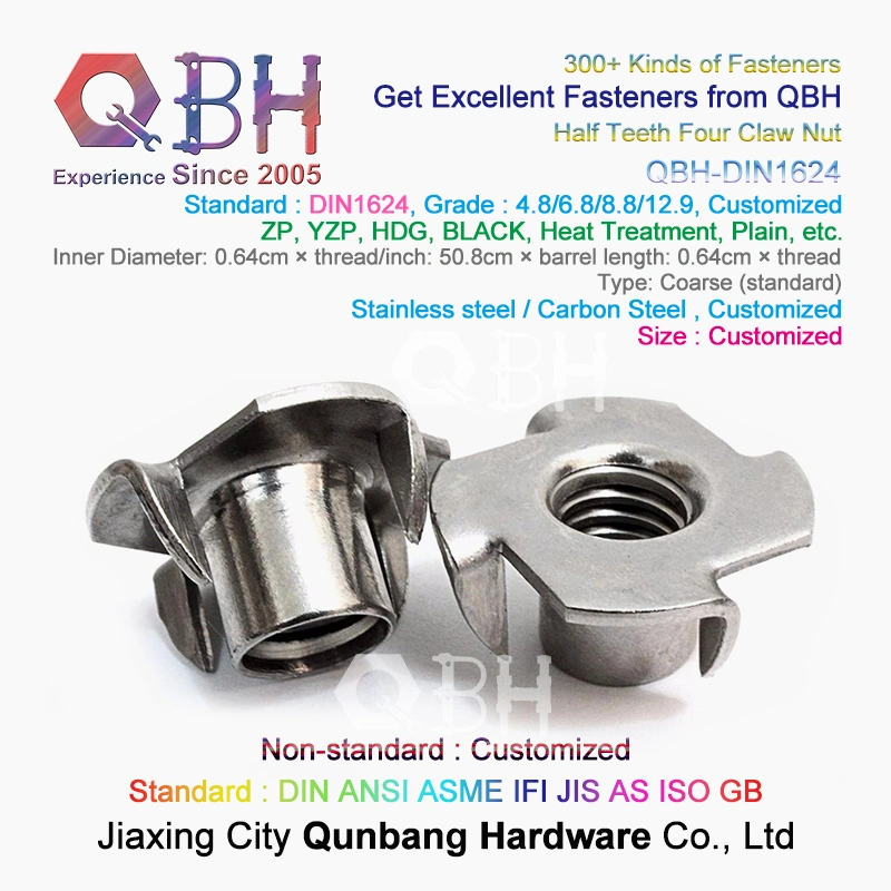 Qbh Customized OEM ODM DIN 1624 T-Nut Carbon Stainless Steel Fixing Wood Furniture/Plywood/Particle Board/CNC Router on Wood Climbing Wall Threaded Inserts