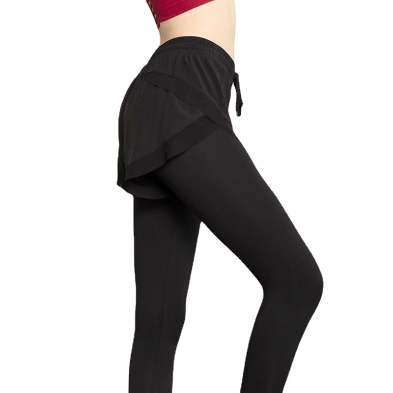 New Yoga Pants Sports Fake Two Pieces of Anti-Glare Leg Length Running Tight Trousers Elastic Fitness Clothes for Women