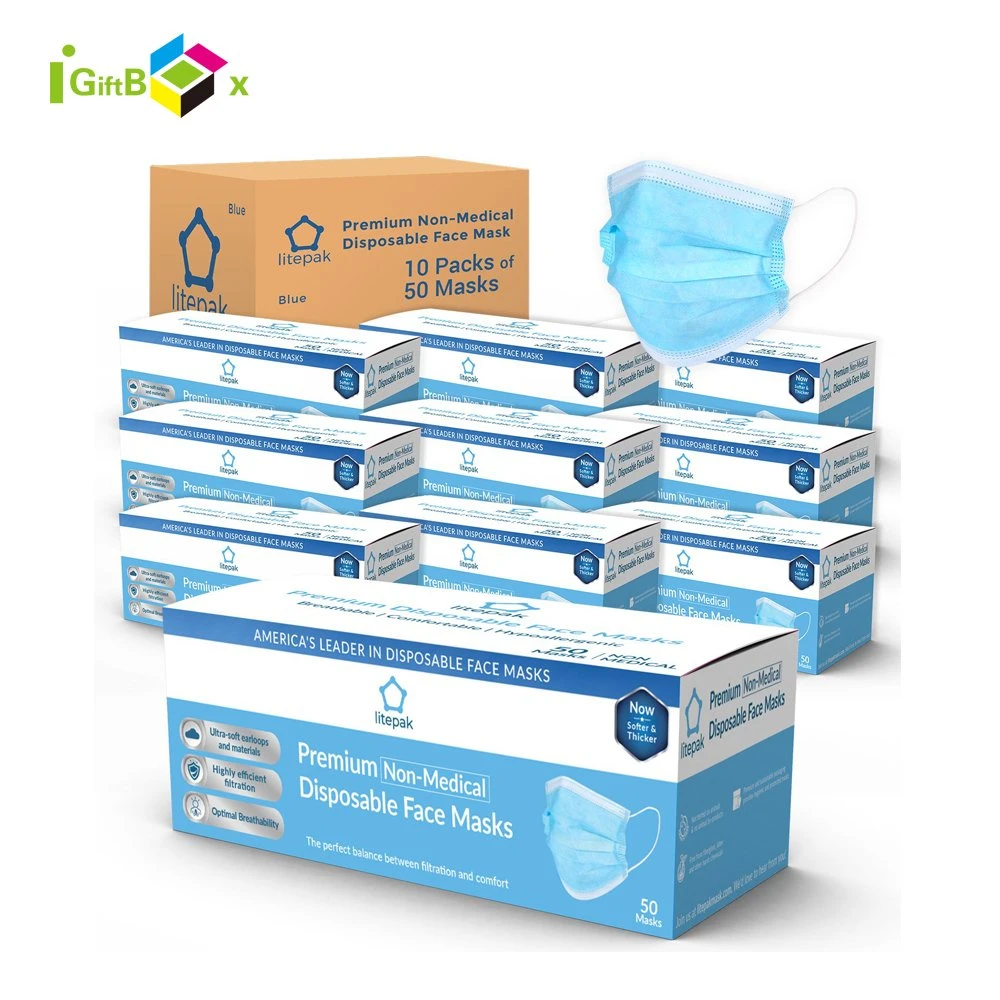50 PCS 3 Ply Disposable Face Mask Packaging Medical Surgical Face Mask Boxes