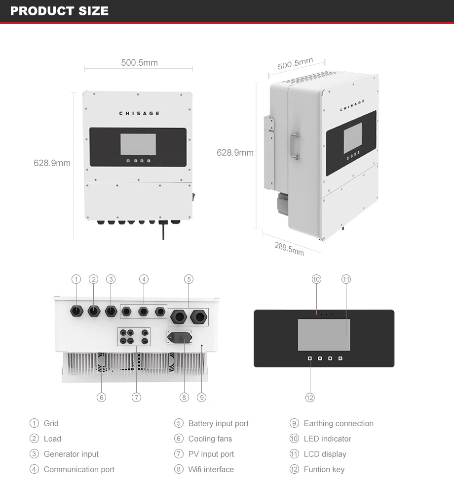 Chisage Ess Solar Battery IP65 5kw 8kw 10kw 12kw Three Phase on and off Hybrid Inverter