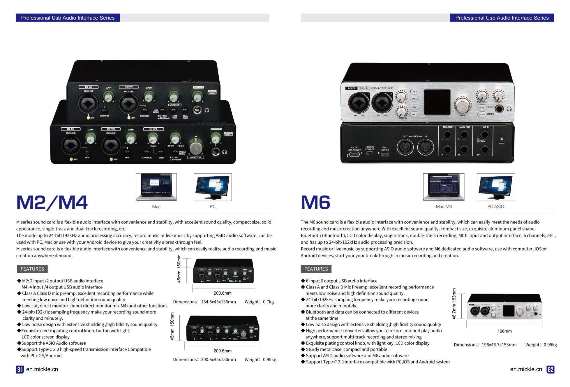 Venta en caliente M2. M4 interfaz de audio de la tarjeta de sonido 192kHz 24bit Soporte de grabación profesional Asio