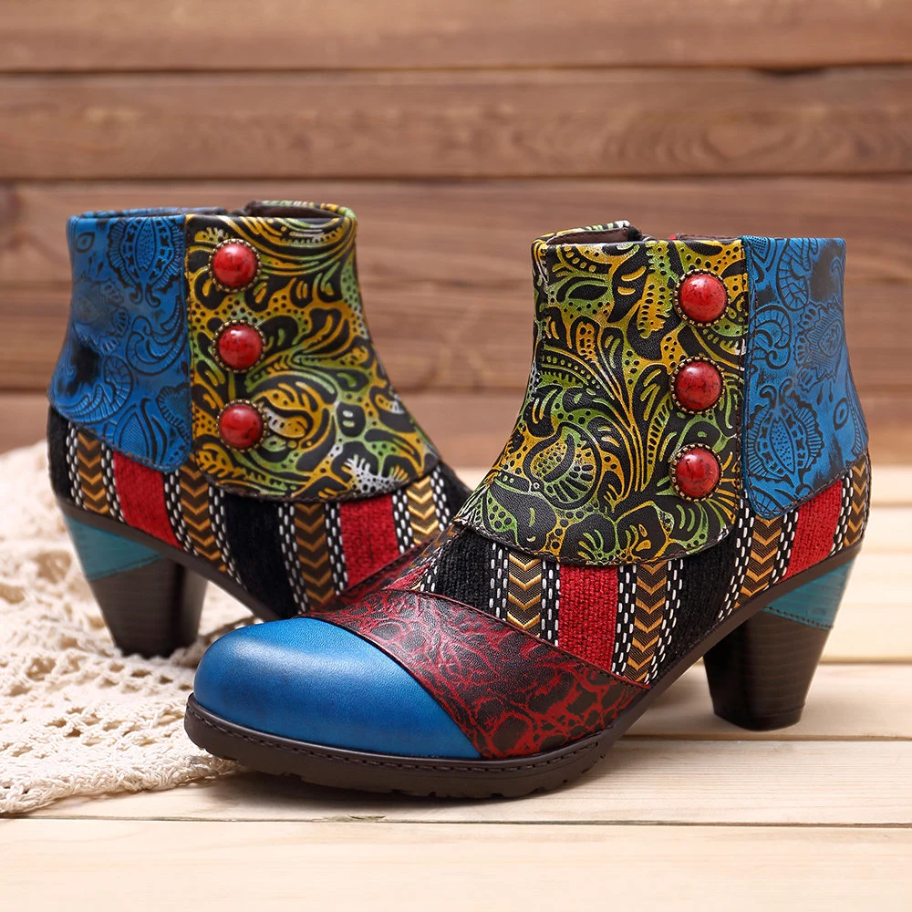 Lady&prime; S Embossed Handmade Leather Footwear Women Floral Pattern Bohemian Vintage Colorful Boots