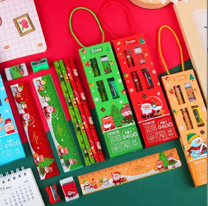 Christmas Stationery Gifts Set Party Favors Includes Christmas Card Pencil Pens Pencil Sharpener Eraser Ruler Sticky Note Stickers