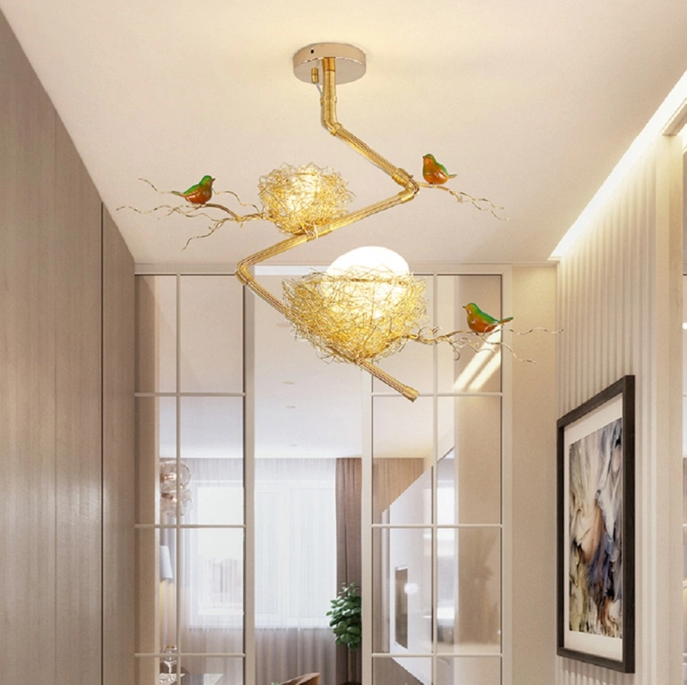 Gewebte Nest Kronleuchter Licht zeitgenössische Metall und weißem Glas Anhänger Lampe mit Vogel-Akzenten