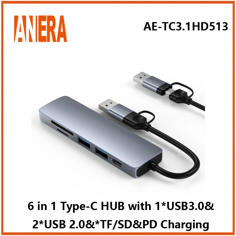 De alto rendimiento anera 6 en 1 USB multifunción C tipo portátil C HUB USB3.0/2.0 con el cubo SD / TF 2.0 Lector de tarjetas de carga Pd