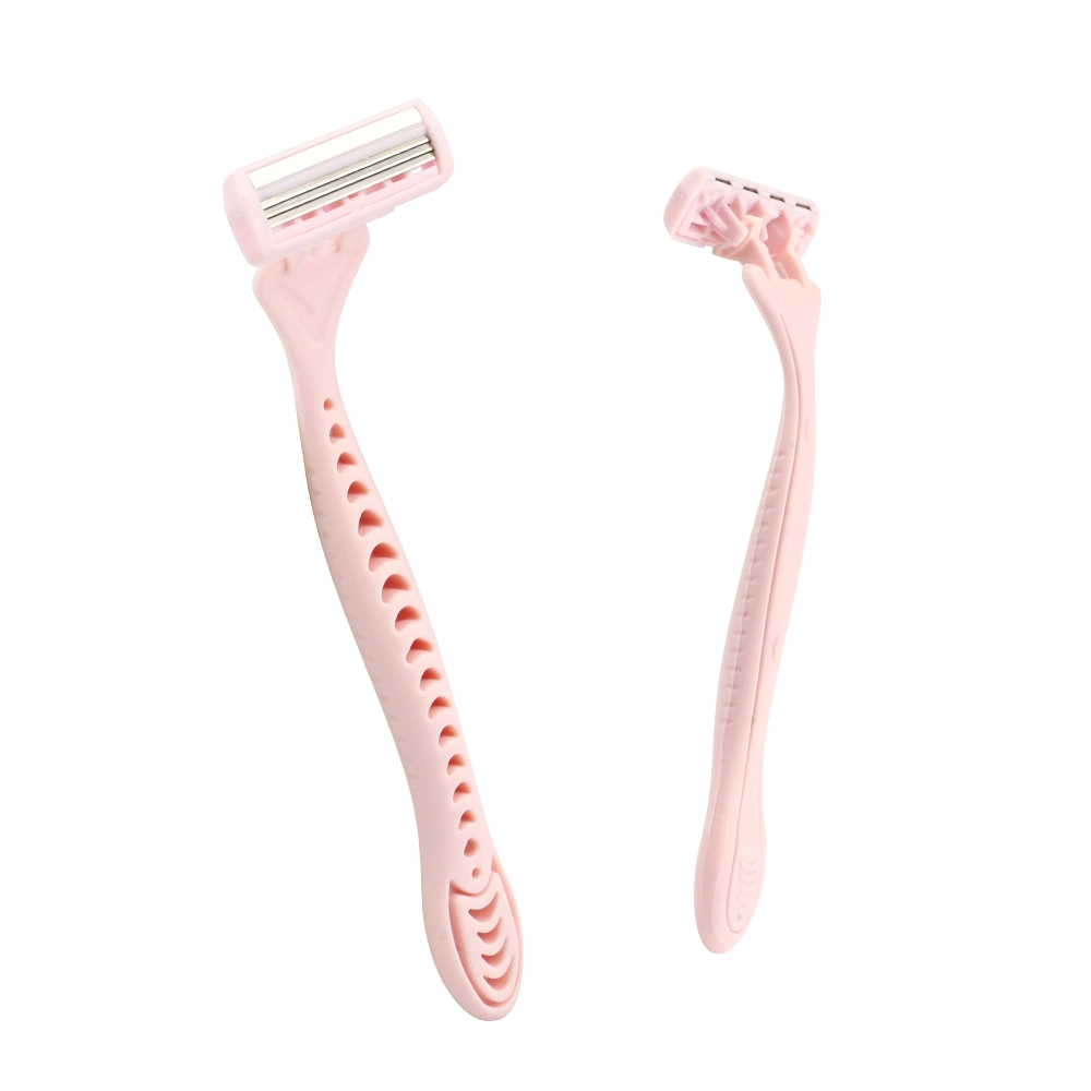 Triple Stainless Steel Blade Lubricant Strip Rubber Handle Pivoting Head Pink Color Women Razor