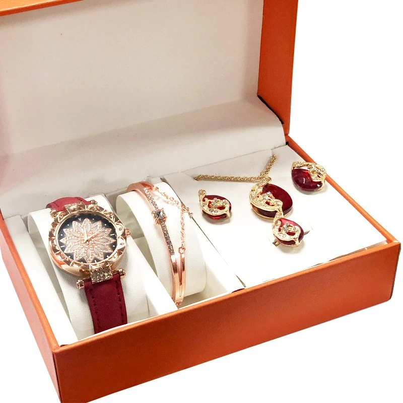 Luxury Women Watches Jewelry Crystal Bracelet Stud Earring Necklace Set