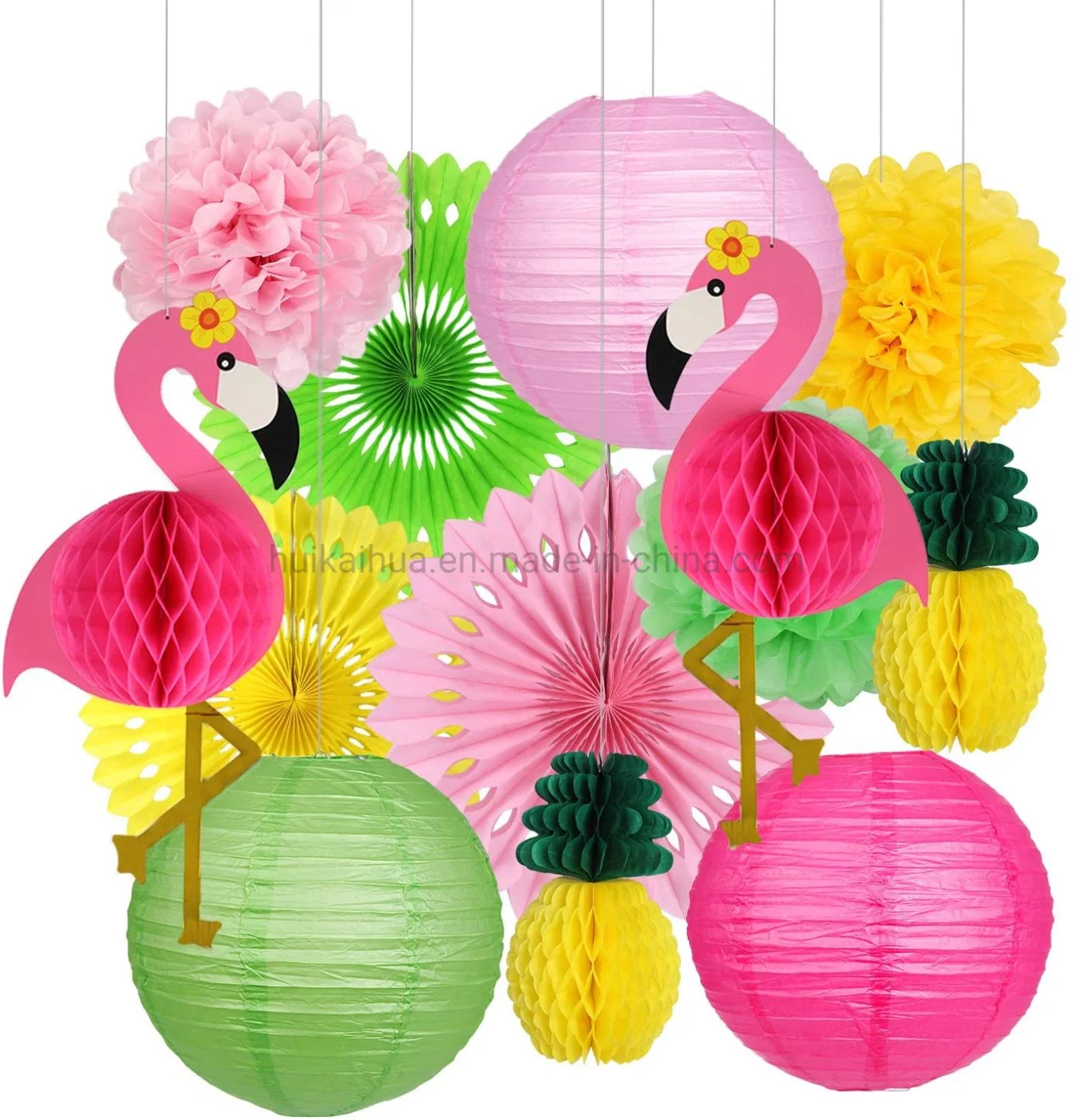 Festa de Aniversário de férias de Verão Hkh selva de decoração Flamingo e ananás Honeycomb lanternas de papel de esferas. Fãs. Poms POM