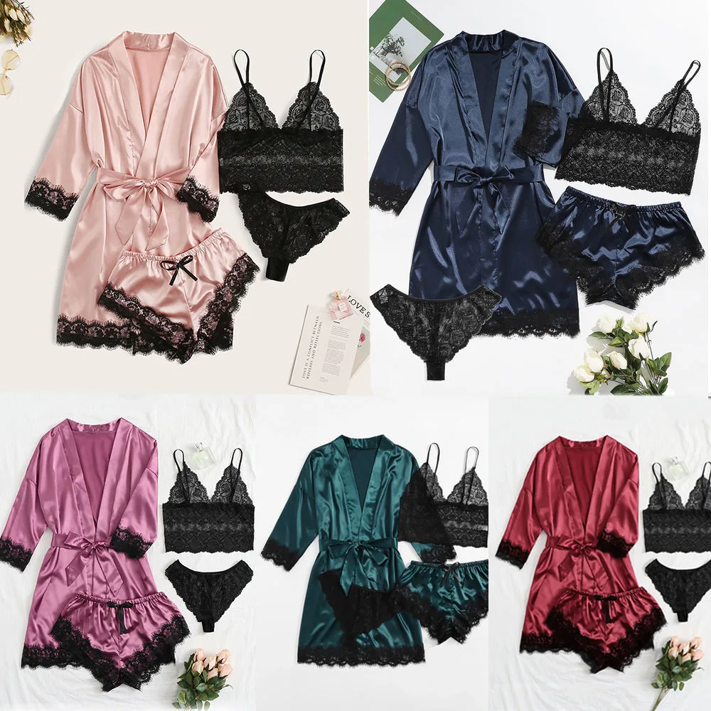 Women's Sexy Long Sleeve Bridal Lingeries Sleepwear Lingerie Set with Robe