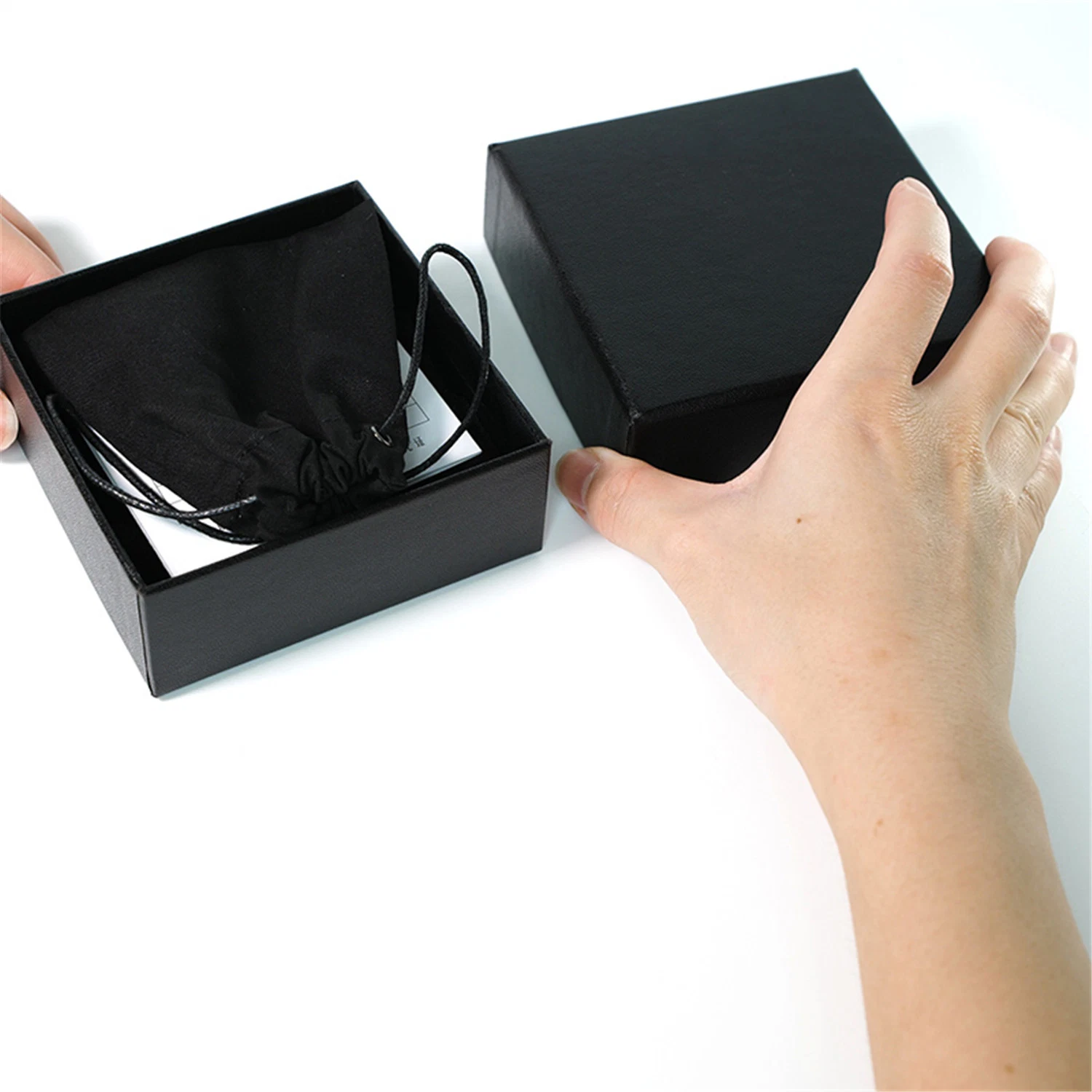 Black Leatherette Paper Gift Box Foam Insert Paper Card Drawstring Bag