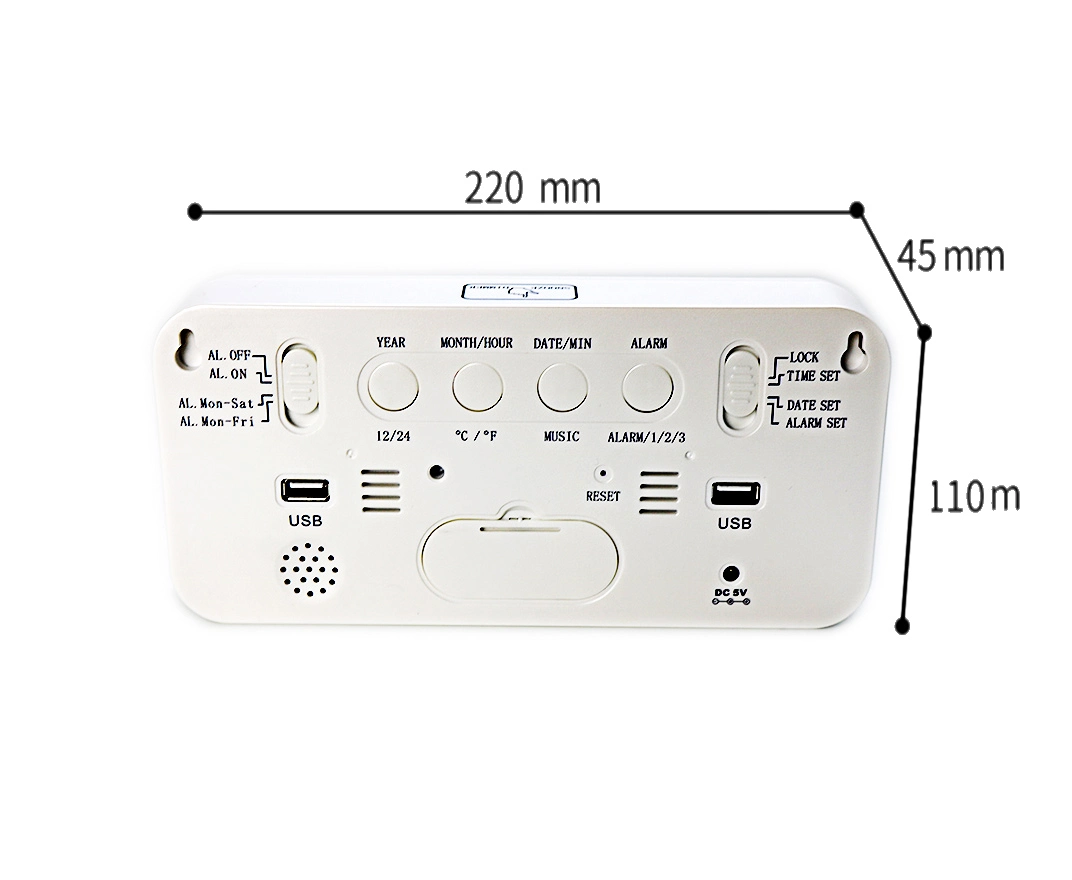 Relógio Musical recarregável com visor LED de temperatura de grandes dimensões