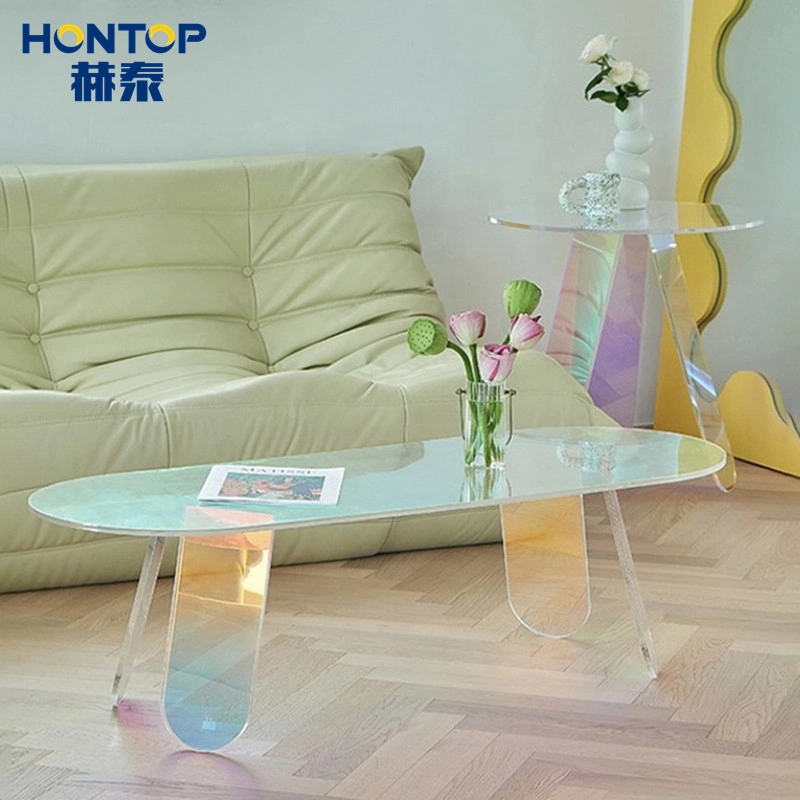 Promoción Irdesco Belleza Colorful Living Room Furniture Plexiglass PMMA Modern Popular Mesa de té de lado de sofá redonda acrílico transparente