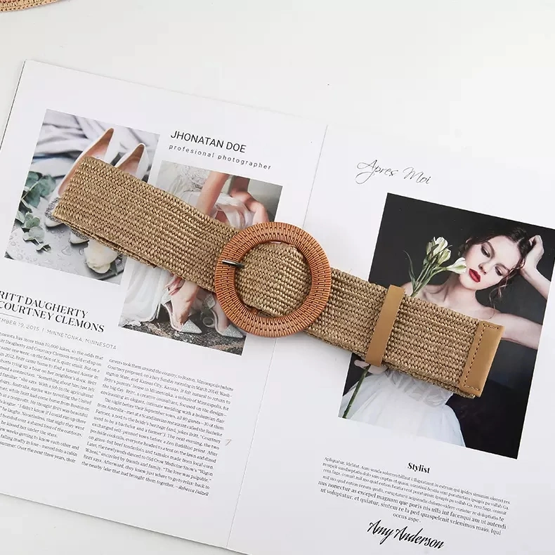 Women Girls PP Straw Braided Plastic Buckle Belts Vintage Knitted Waist Belt Woven Elastic Stretch Raffia Belt for Lady