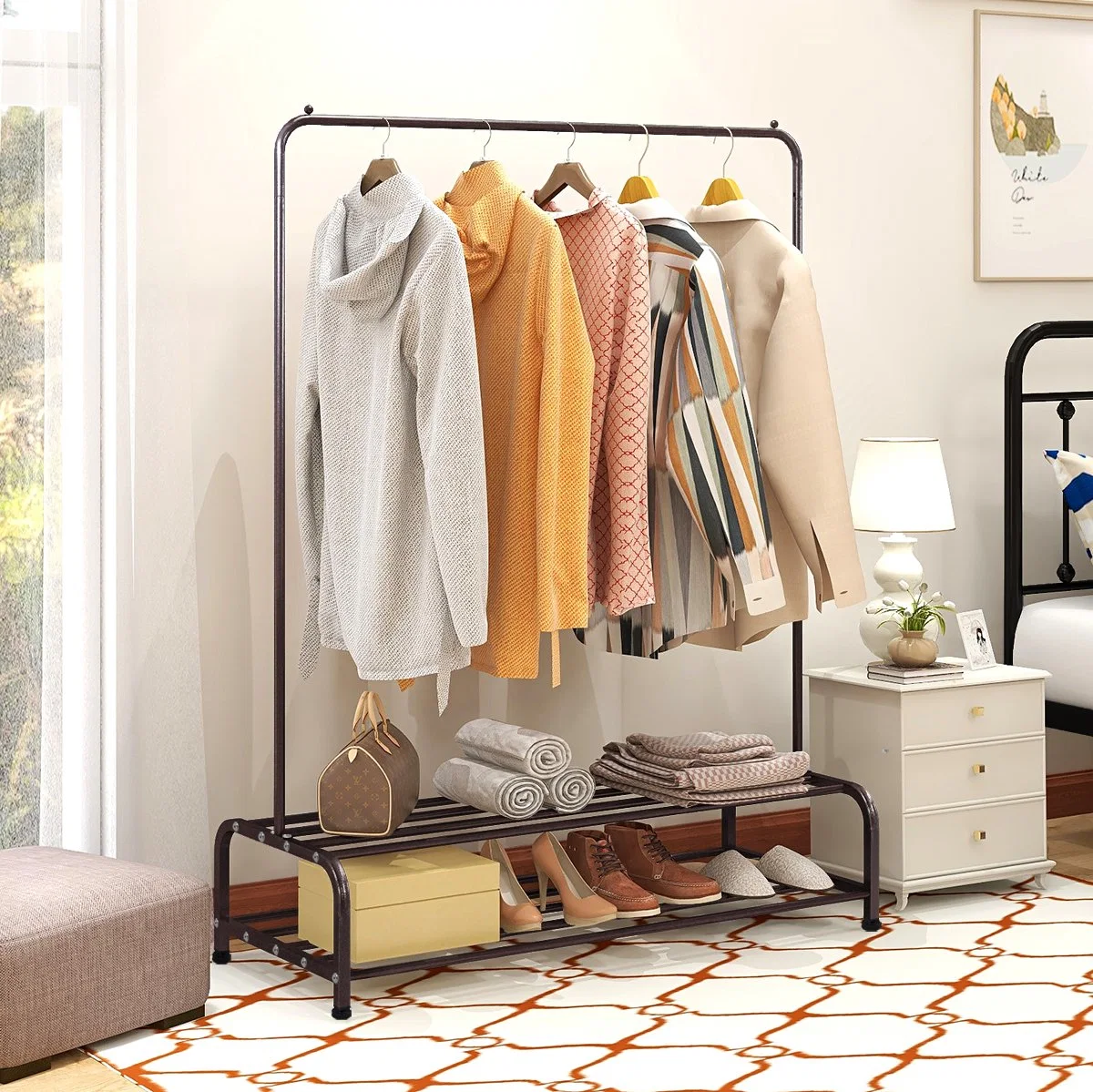 Clothes Hanging Shelf Garment Bags Shoes Metal Rack