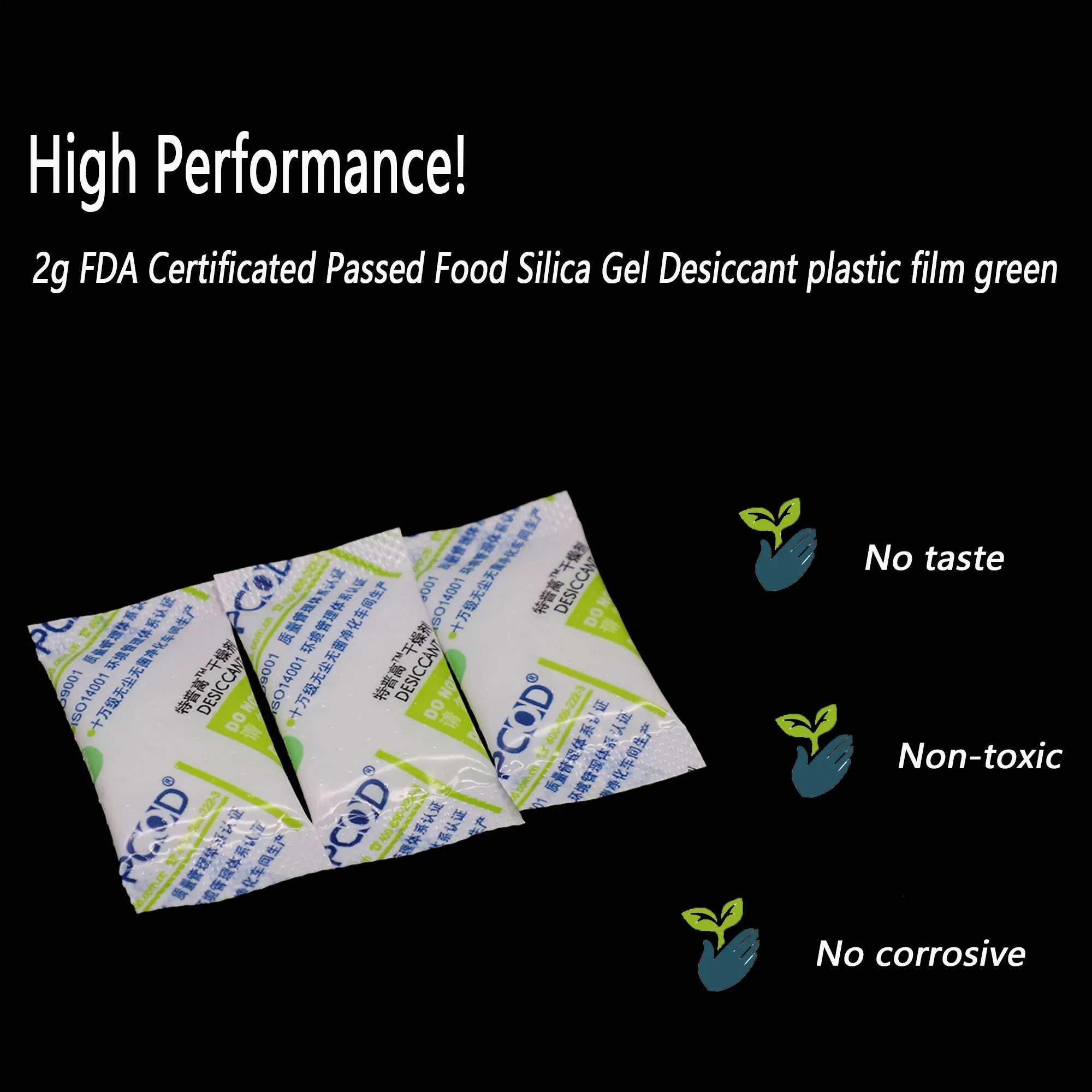 2g FDA Certificated Passed Food Silica Gel Desiccant Plastic Film Green