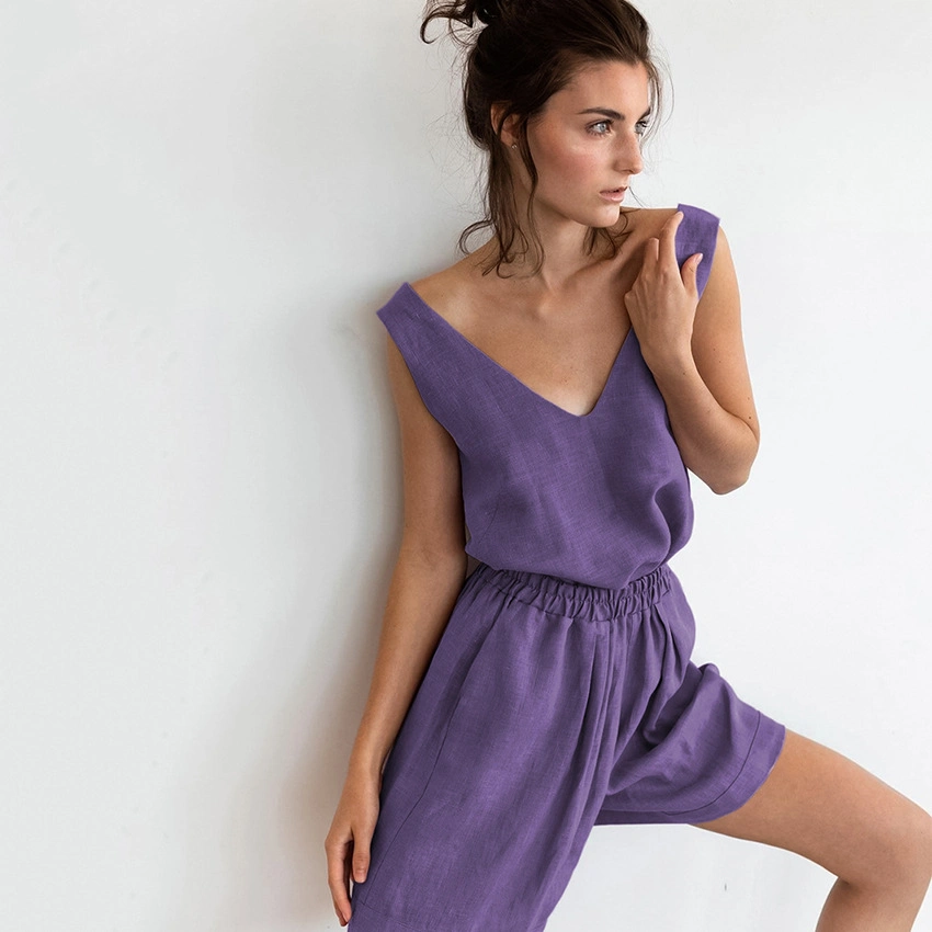 O verão V Roxo Pescoço sem mangas roupa de algodão 2 pedaço Luxury Senhoras Sleepwear Definido