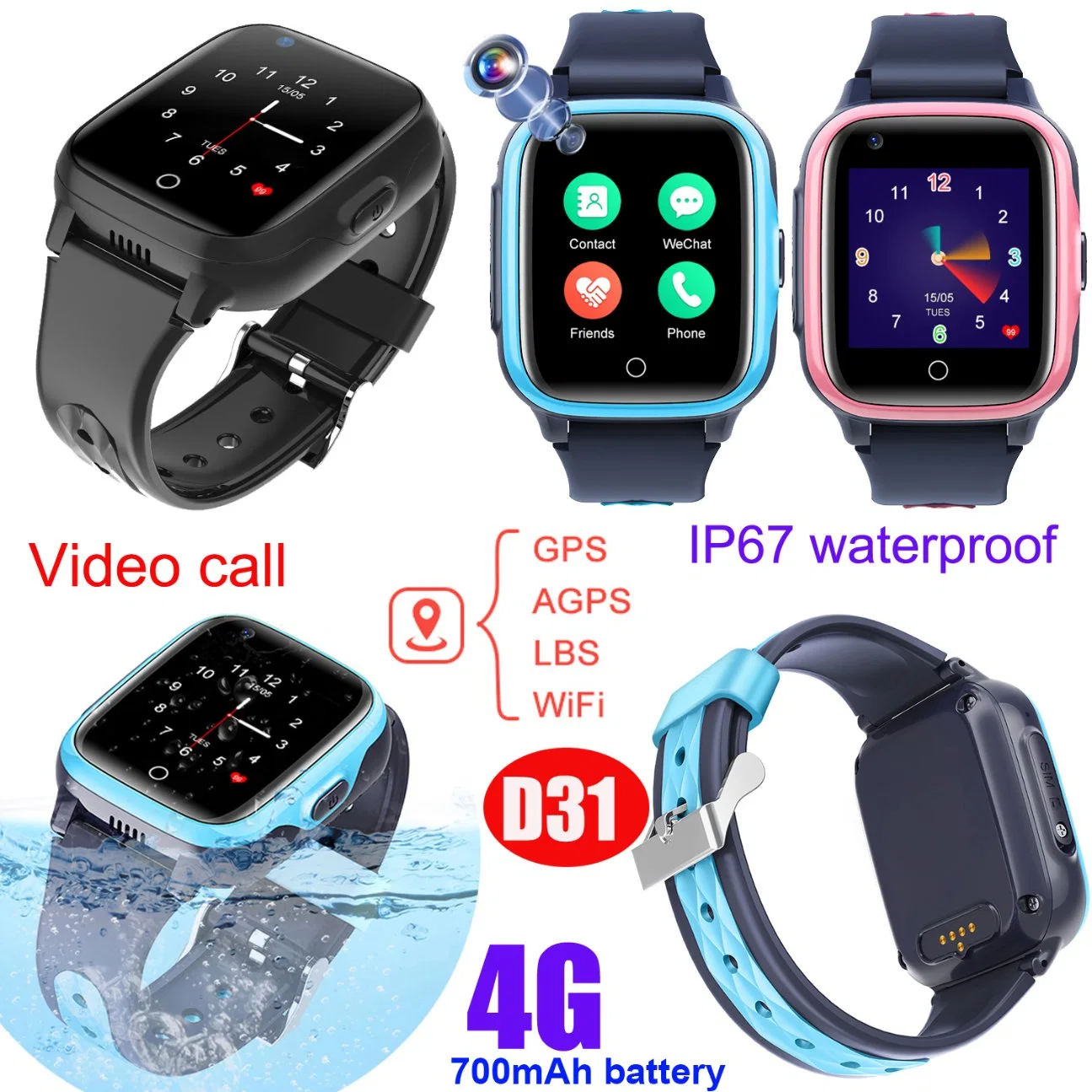 China Manufacture 4G IP67 Waterproof Child Safety Video Call Smart Gift Watch Kids GPS Tracker Cell Phone for avoid abducting D31