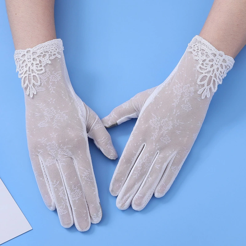 Women's Thin Sunscreen Driving Touch-Screen Ice-Silk Non-Slip Pure White Lace Ceremonial Gloves