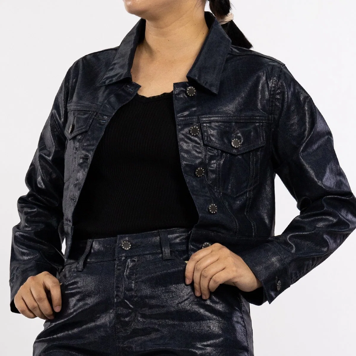 Custom Fashion Blue Casual Coated Waterproof Short Sexy Biker Jacket for Women